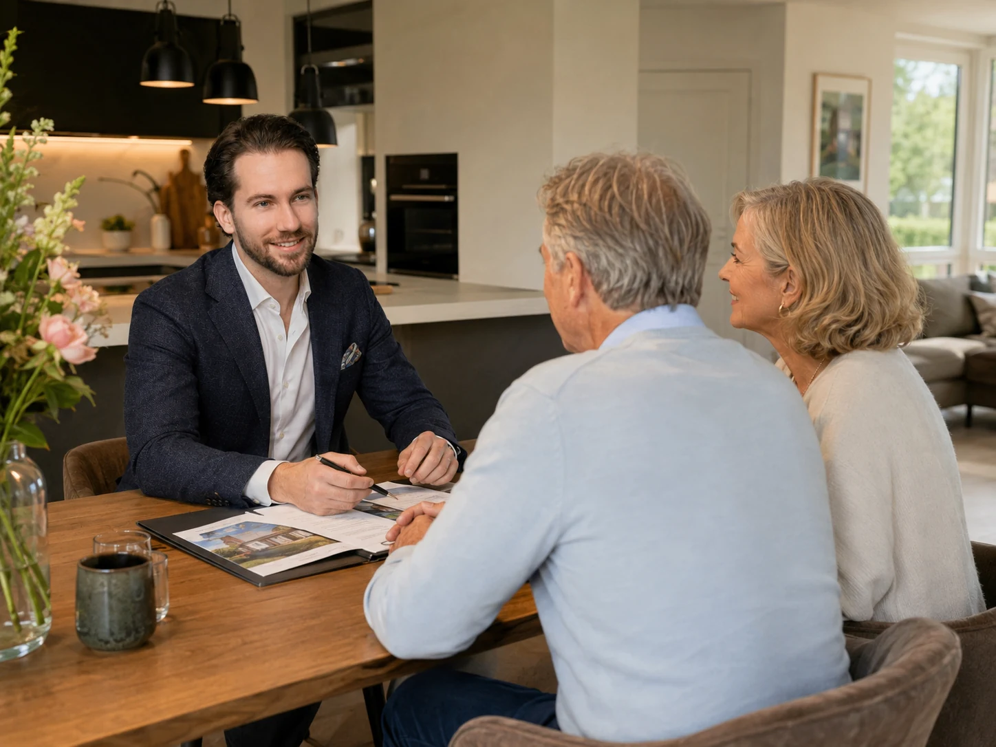 Makelaar in gesprek met een senioren echtpaar aan de keukentafel